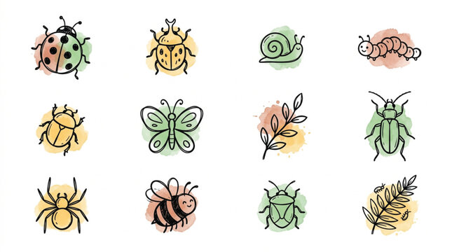 Cute hand drawn doodle beetle vector collection with whimsical backyard insect and leaf illustrations for fabric prints