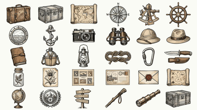 Illustration of old travel and adventure equipment: compass map nautical tools vintage objects explorer gear