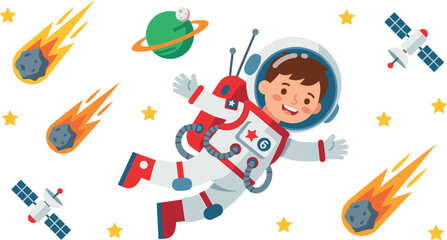Cute Astronaut Boy Outer Space Vector Illustration Set with Floating Spacesuit Character Planets Satellites Meteorites and Stars for Kids Designs © EdGe Creative