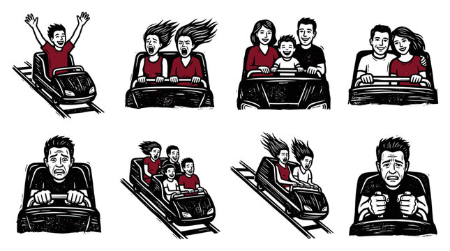 Illustration depicting various people experience a thrilling roller coaster ride at an amusement park