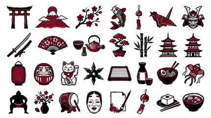 Obraz premium Collage of red and black symbols representing culture tradition art and iconic elements