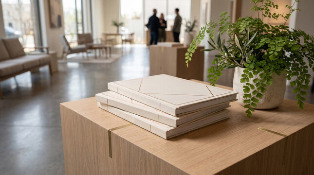 Modern Interior Design Showroom Featuring White Textured Ceramic Tiles and Lush Greenery on a Wooden Table