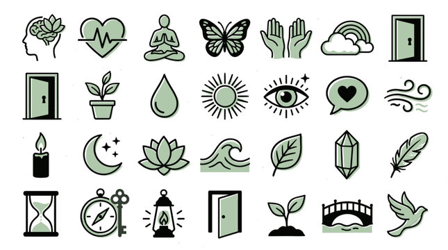 A collection of serene hand-drawn icons symbolizing wellness nature and personal growth