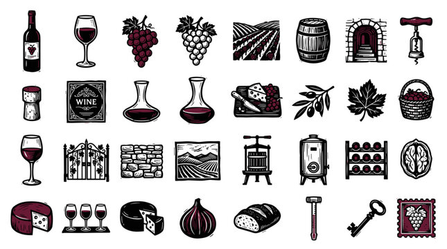 Rustic collection of beverage and food related icons hand-drawn vector art illustration for lifestyle themes