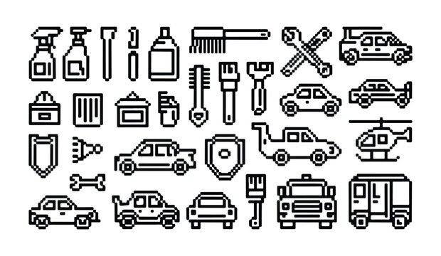 Pixel art icon set featuring various automotive maintenance tools and multiple car models.