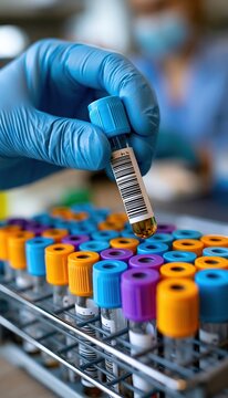 Blue - gloved hands inspecting specimen tube beside rack of capped vials in laboratory