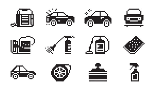 Pixel art icons collection for vehicle maintenance car detailing and automotive cleaning.