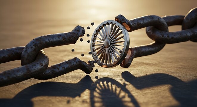 Broken iron chain links connected by a silver dharma wheel symbol