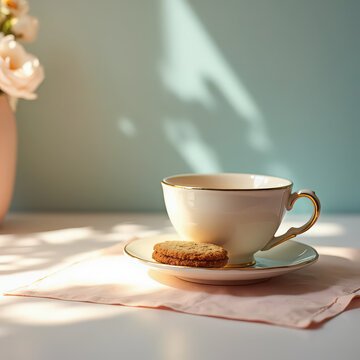 Cup of tea with a cookie on a plate next to a vase of flowers in a bright setting during the day