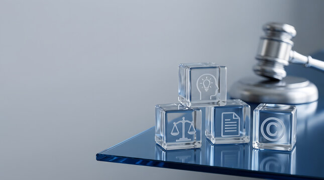 Intellectual property law and copyright protection concept with gavel and legal icons, Legal advice and justice concept. Gavel and glass blocks with copyright, law, and patent symbols.