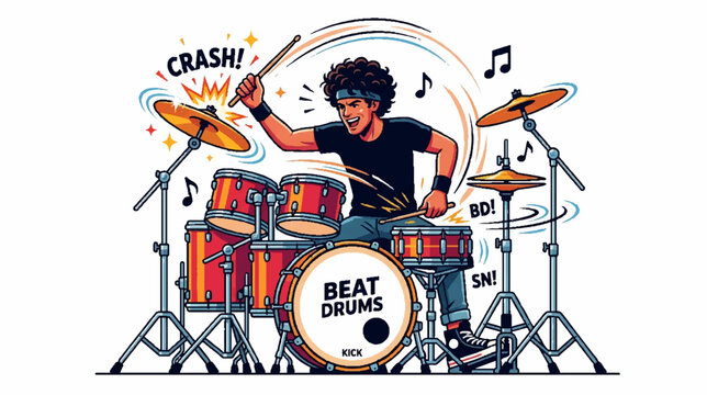 Energetic young man playing drums with passion and rhythm, rock concert vibe