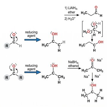 Chemical Reduction Mechanism for Aldehyde and Ketone Molecules Showing Electron Flow and Alcohol Formation