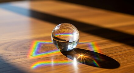 Obraz premium Faceted glass sphere refracting light into a rainbow on a wooden surface