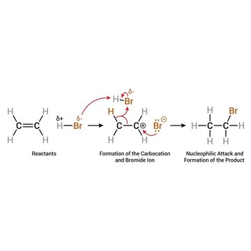 Chemical Reaction Mechanism of Electrophilic Addition of Hydrogen Bromide to Ethene Creating Bromoethane