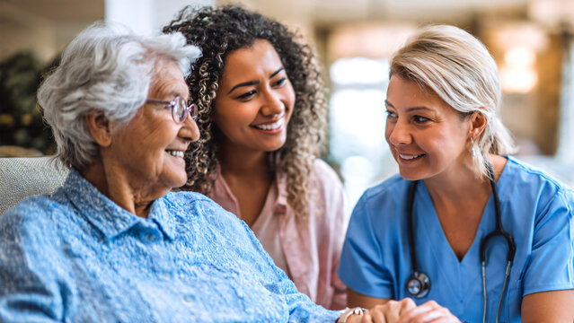 Female caregiver and nurse helping a senior woman during a friendly healthcare visit in a bright assisted living facility, elderly patient smiling while receiving support  from compassionate medical s