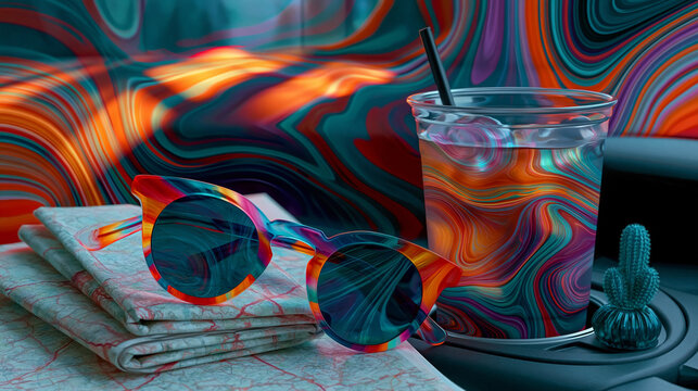 Abstract Summer Road Trip Still Life with Sunglasses and Drink