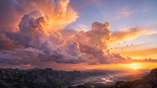 Breathtaking epic sunset landscape with flock of birds flying past massive golden cumulus storm clouds over mountains and a winding river valley
