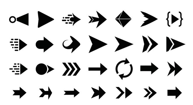 Versatile collection of modern vector arrow icons for intuitive digital navigation and user interface design elements, featuring diverse styles for web and app development