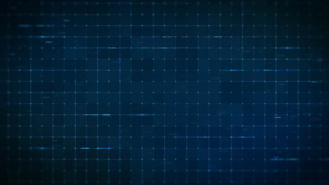 Abstract blue digital technology grid background with graphic glowing lines.