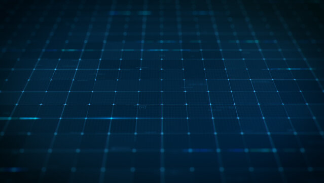 Abstract blue digital technology grid background with graphic glowing lines.