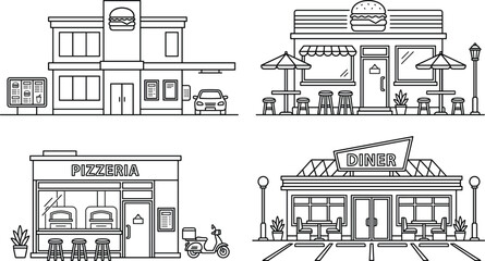 Fast food restaurant buildings line icon set with burger shop drive thru pizzeria and retro diner front © AKTAR