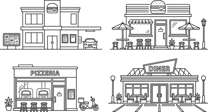 Fast food restaurant buildings line icon set with burger shop drive thru pizzeria and retro diner front