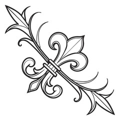 Diagonal floral corner element featuring stylized fleur de lis and refined organic scrollwork motifs designed for elegant page frames or decorative border compositions in classic luxury graphic style. © Nasima