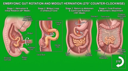 Fototapeta premium Embryonic gut rotation and midgut herniation stages illustrated in medical detail