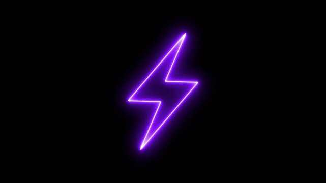 Neon purple lightning icon animation, neon bolt icon on a black background. 4K video