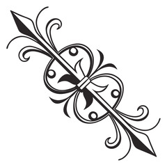 Wrought iron gate panel with central fleur de lis motif and classic arch details vector graphic for architectural metal fencing design elements showing royal heritage style isolated on white surface. © Nasima