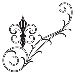 Elegant floral scroll corner decoration with artistic fleur de lis motif for classic paper border design and luxury stationery layout vector illustration isolated on white background graphic art set. © Nasima