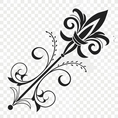 Decorative floral fleur de lis element with elegant scrolls and curling vines isolated on transparent background for creative graphic design projects luxury invitations and vintage stationery styling. © Nasima