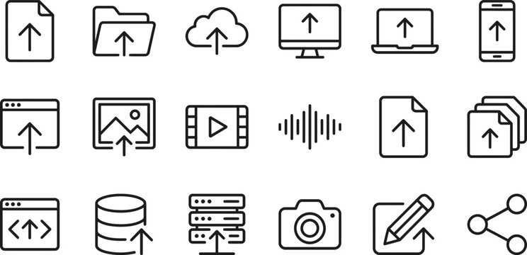 Set of upload icons, thin line style, vector illustration
