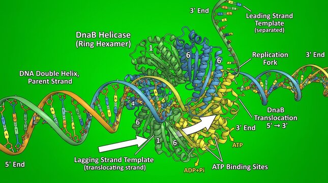 Detailed illustration of dnab helicase ring hexamer with dna double helix and replication fork