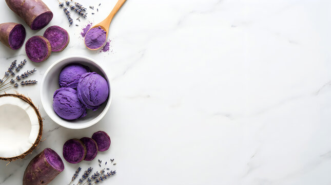 Top view of purple ube ice cream scoops with coconut and lavender ingredients with copy space