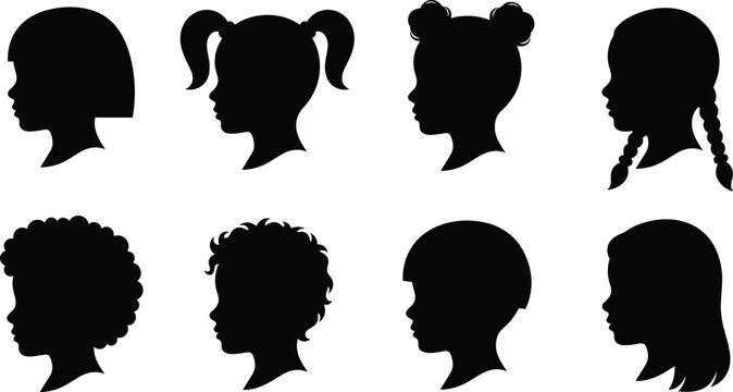 Children Profile Silhouette Collection with Various Hairstyles Black Head Portrait Set Isolated.