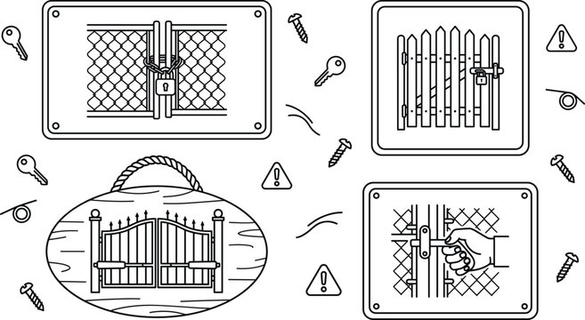 Security gates and fence line icon set with locked padlocks keys and installation hardware elements