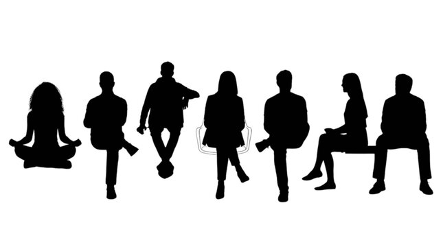 Silhouette people group sitting and standing together isolated on transparent background, Vector