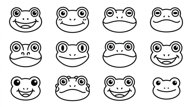  Frog face and pond amphibian line icon set with minimalist cartoon toad vector graphics for kids educational mobile apps