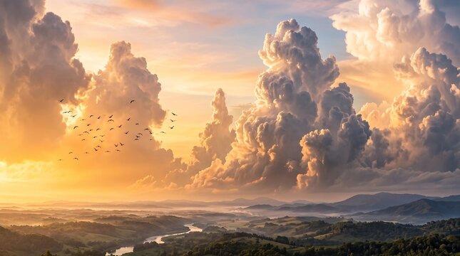 Breathtaking panoramic sunset landscape with massive towering cumulus clouds over a misty river valley and green rolling hills under a flock of flying birds