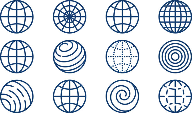 Set of globe icons, world map symbols, planet earth line art collection