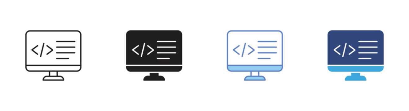 Code monitor icon set, Programming screen symbols, Software development vector icons, Developer workspace signs, Coding interface vector icons