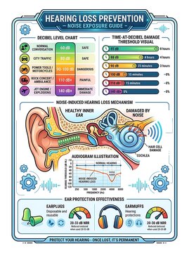 Hearing loss prevention guide with decibel levels and ear anatomy