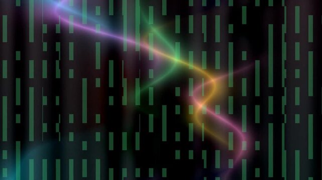 Colorful neon ribbon flowing through digital matrix background