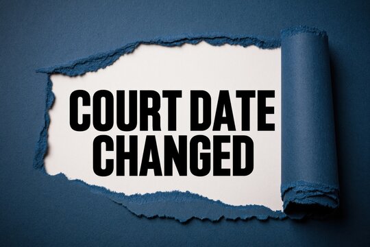 Court date changed phrase inside torn blue paper background
