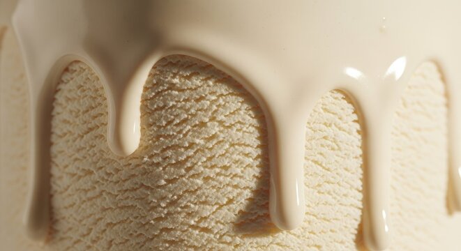 Close up of thick white icing dripping over textured surface.