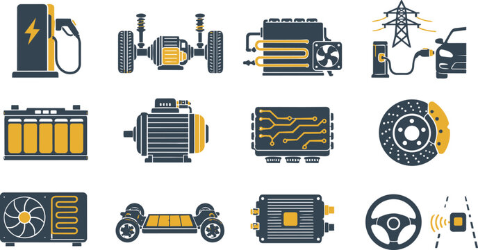 Electric Vehicle Automotive Technology Components and Smart Car System Icons