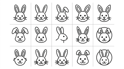 Obraz premium Rabbit face and domestic bunny line icon set with minimalist cartoon hare vector graphics for pet shop branding