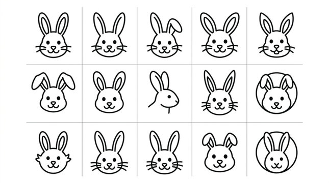  Rabbit face and domestic bunny line icon set with minimalist cartoon hare vector graphics for pet shop branding
