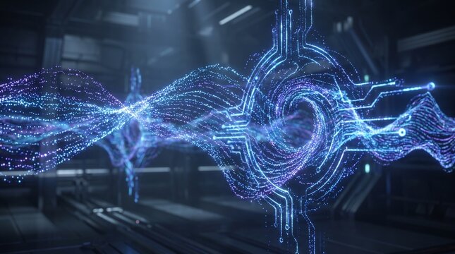 Futuristic Quantum Computing Visualization with Glowing Data Flow and Digital Circuit Elements